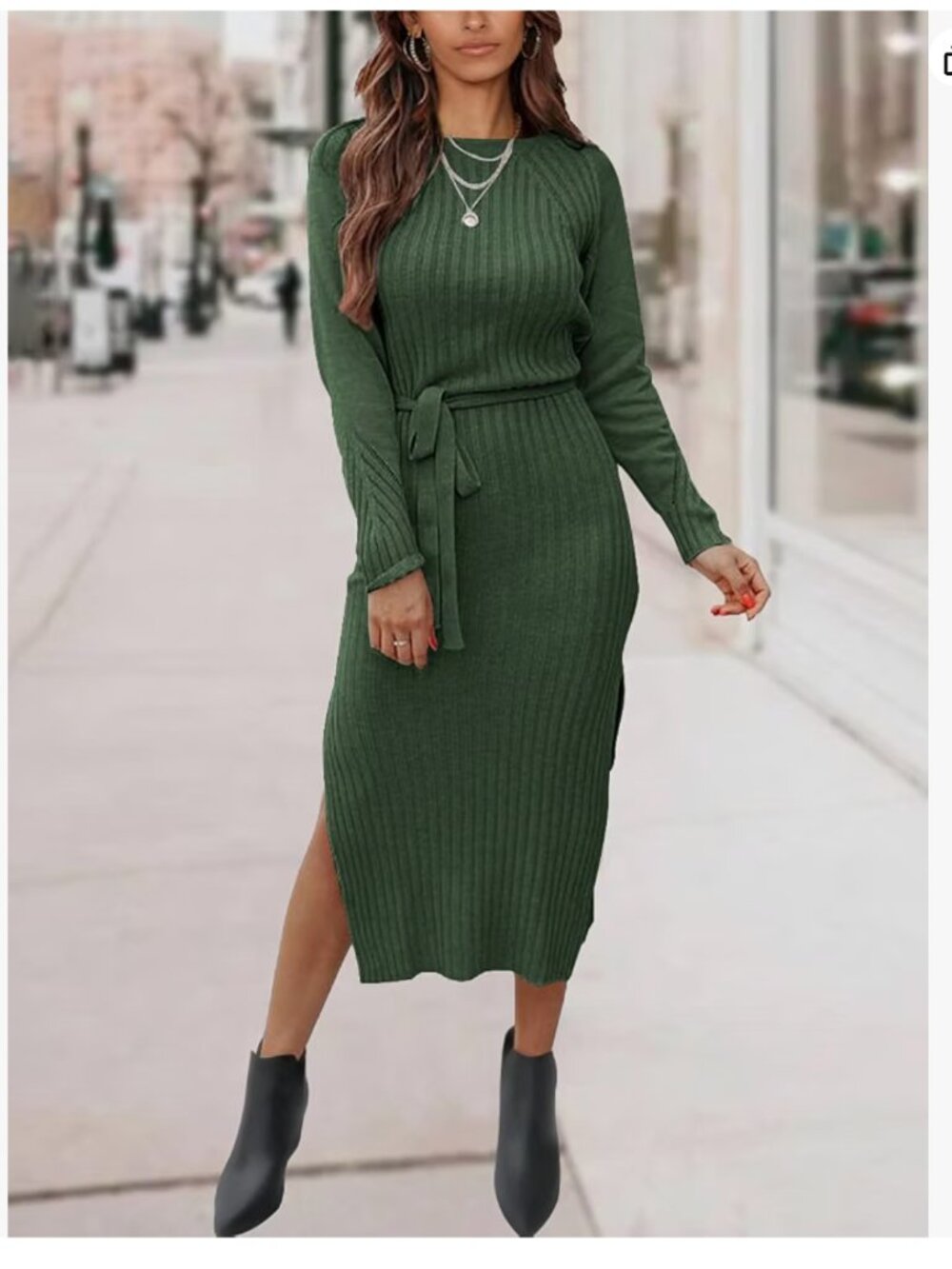 PRETTYGARDEN Long Sleeve Crewneck Two Side Slit Tie Waist Slim Fit Sweater Dress - Picture 2 of 3